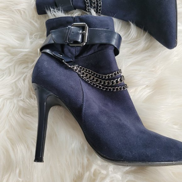 Le Chateau Blue Stiletto Heel Boots Booties Buckle Strap Chains Pointed Toe Sz 7 - Picture 2 of 9